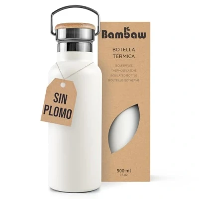 Imagen de Bambaw Botella térmica 500ml, agua blanca, acero inoxidable gimnasio, Cantimplora inoxidable, deportiva Blanco polar