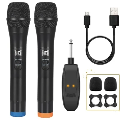 Imagen de ALPOWL micrófono inalámbrico, Sistema de dinámico inalámbrico Dual UHF, Karaoke Mano con Receptor Recargable para Cantar, Iglesia, discurso, Boda, Fiesta