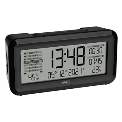 Imagen de TFA Dostmann BOXX2 60.2562.01 Despertador Digital inalámbrico (Pantalla Alemana, 2 alarmas, Control del Clima de la habitación, día Semana, con batería, Negro, 138 x 52 72 mm)