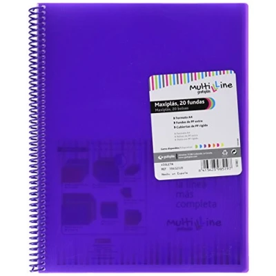 Imagen de Grafoplás Carpeta de 20 Fundas Transparentes A4 Color Violeta Espiral PVC Tapas Polipropileno Gomas Cierre Maxiplás Multiline