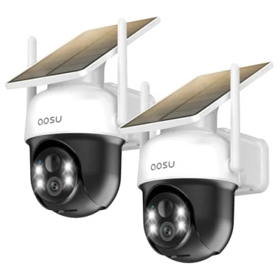 Imagen de AOSU 2 Paquetes Camara de Vigilancia WiFi Exterior Solar Cámaras Exteriores Seguridad, Pannello Solare Fisso, 3MP 2K HD, 360 Gradi PTZ, Visione Notturna a Colori, Allarme Luminoso e Sonoro