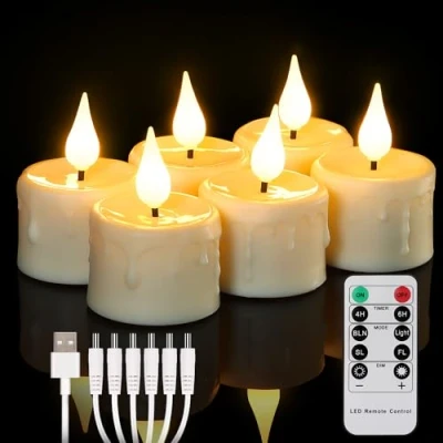Imagen de FREEPOWER 6 velas LED recargables con mando a distancia, temporizador, parpadeante, luz blanca cálida, eléctricas cable USB, decoración familiar Halloween Navidad, 4 x 5,5 cm