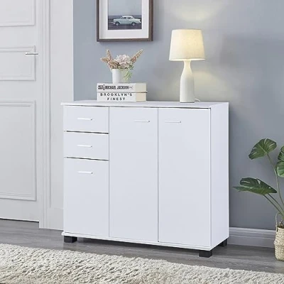 Imagen de [en.casa] Aparador Crimla con 3 Puertas Mueble Zapatero 2 Cajones y 1 Estante Interno Regulable en Altura para 5 Pares de Calzados Aglomerado 76 x 80 28 cm Blanco