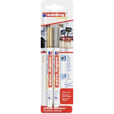 Imagen de edding 4085 marcador de tiza oro,plata 2 rotuladores punta redonda 1 mm para cristal borrables pizarras, vidrio y espejos líquida cobertura opaca