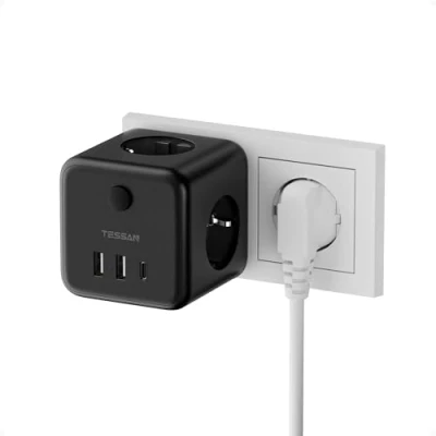 Imagen de TESSAN 6 en 1 Cubo Ladron Enchufes Multiple con Interruptor, Ladrón Enchufe Pared 3 Tomas CA y USB, Cargador USB C, 2500W Regleta Compatibles para Salón, Dormitorio, Oficina, Negro