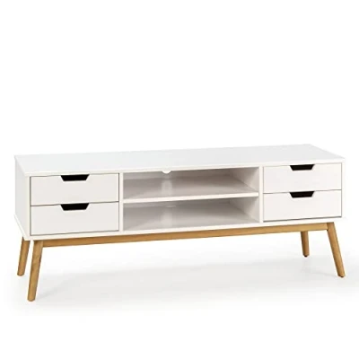 Imagen de HOMN LIVING Mueble TV Baku 2 cajones y 1 Puerta Blanco, Madera Maciza, 140 cm (Ancho) 40 (Profundo) 52 (Altura)