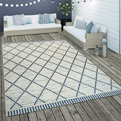 Imagen de Paco Home Alfombra De Tejido Plano Interior Y Exterior Motivo Geométrico Rayas Rombos Blanco, tamaño:160x230 cm