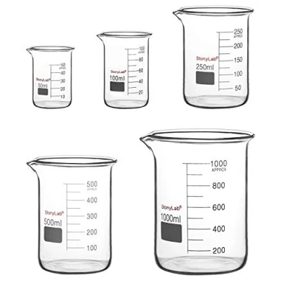 Imagen de stonylab Set de Vasos Precipitados Cristal, Vidrio Borosilicato Vaso Graduado Forma Baja Grifo en 5 Tamaños, 50ml/100ml/250ml/500ml/1000ml (1L), Paquete Combinado