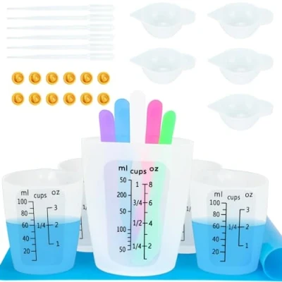 Imagen de Creahaus Kit de herramientas silicona para resina, antiadherente, negro, número 250 y 100 ml, vasos mezcla resina epoxi, accesorios reutilizables con alfombrilla silicona,