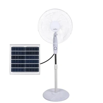 Imagen de ABRILA Ventilador de Pie Solar DC FRONTERA Color Blanco con cinco Aspas 3 Velocidades Ajustables Incluye un Panel Equipado Puerto USB y Mando a Distancia Cabezal 2 Funciones