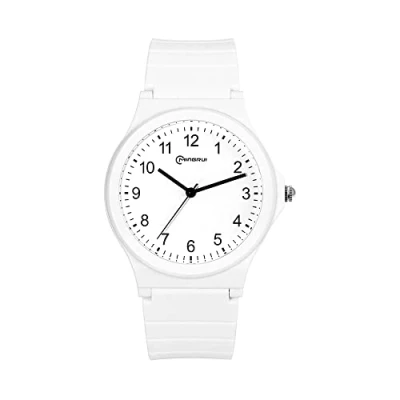 Imagen de Silverora reloj de pulsera para hombre y mujer, esfera redonda negra, Correa silicona, cuarzo, Blanco,