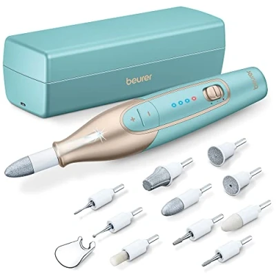 Imagen de Beurer MP 84 Set de manicura/pedicura, lima uñas eléctrica con batería recargable, 10 accesorios, luz LED, incluye estuche, hasta 4400 rpm, torno para el cuidado manos y pies