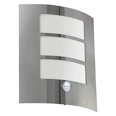 Imagen de EGLO City Lámpara de exterior 1 foco con detector movimiento, aplique sensor acero inoxidable, plástico, plata, blanco, casquillo E27, IP44