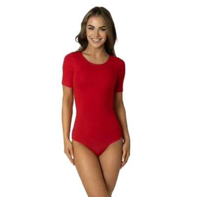Imagen de Alkato body de algodón manga corta para mujer con escote redondo opaco, Rojo, L (Long 170 176 cm)