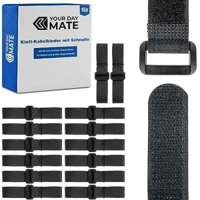 Imagen de 15 bridas de velcro con hebilla, 20 cm longitud, en negro, nailon, cinta organizador cables resellable, cierre velcro, abrazadera cable