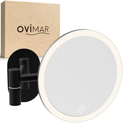 Imagen de ovimar Leinoya Espejo cosmético con iluminación (recargable, montaje en pared sin agujeros, para el baño, 5 aumentos, 360 grados)