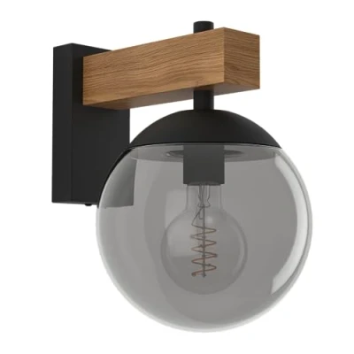 Imagen de Eglo Bufalata Aplique para exteriores, iluminación exterior, lámpara de pared exterior metal negro y símil madera, globo plástico en transparente, casquillo E27, IP44