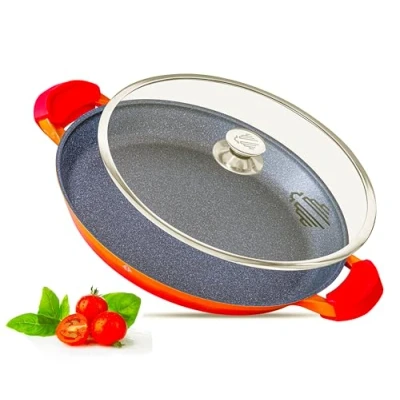 Imagen de INTIGNIS Paellera con Tapa 36cm Esencial de Cocina para Saltear, Asar a la Parrilla Recubrimiento Antiadherente Derivado Piedra, Base Acero Inoxidable, Apto Horno (Orange)