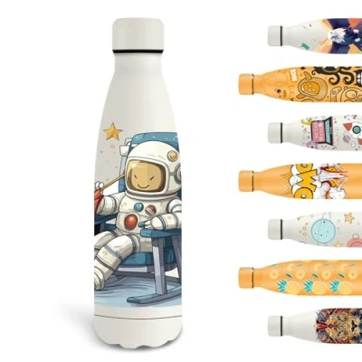 Imagen de Grsta Botella Agua Acero Inoxidable, 500ml Termica, Niños sin BPA, Personalizada con Astronauta, de para la Escuela, Cafetería, Oficina, Viajar, Blanco