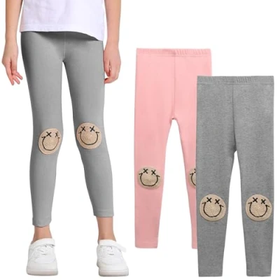 Imagen de SPFASZEIV Leggings para Niñas, Pantalones Niños Pequeños con Patrón de Cara Sonriente, Largos Niños, Paquete 2, 1 2 Años Rosa+Gris
