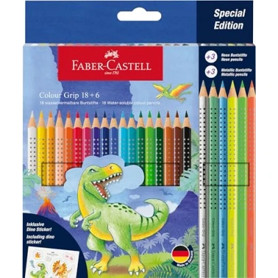 Imagen de Faber Castell 201546 Juego de 24 Lápices Colores Dino Incl. 3 Metálicos Neón + Pegatinas Dinosaurios