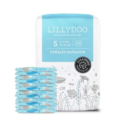 Imagen de Pañales bañador LILLYDOO desechables, respetuosos con la piel, para bebés talla S (611 kg), 1 paquete (20 unidades) diseño acuático, una protección segura en el agua