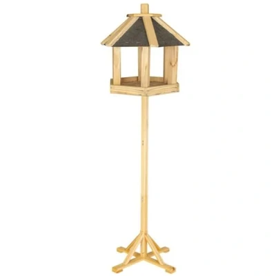 Imagen de ITA Casa para Pájaros 37x33x35 cm de Madera con Soporte Comedero Aves Silvestres Resistente al Clima, Estable, Robusta