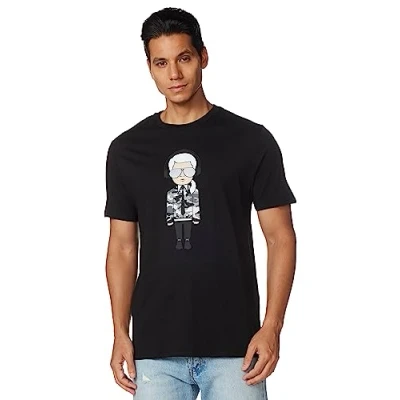 Imagen de Karl LAGERFELD Reflektierendes Herren t Shirt, charakter Kopfhörern, Kurzärmeliges Herrenhemd mit Rundhalsausschnitt Camiseta, Negro, L para Hombre
