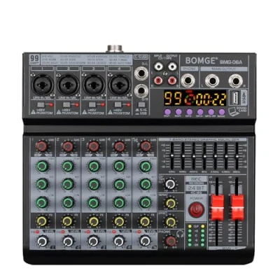 Imagen de BOMGE 06A mezclador de audio profesional 6 canales para DJ, sonido con 99 efectos DSP, ecualizador 7 bandas independiente 48 V, Bluetooth, interfaz USB, grabación estudio,