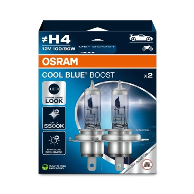 Imagen de OSRAM COOL BLUE BOOST, H4, lámparas halógenas para faros delanteros, hasta 5500K, caja plegable colgante (2 lámparas), solo uso todoterreno
