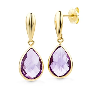 Imagen de Miore Pendientes de lágrima en oro amarillo 585 14 quilates con topacio azul natural, piedras preciosas Amatista morada, poste y mariposa, respetuosos la piel, caja regalo, Oro,