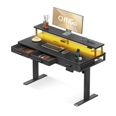 Imagen de OffiGo Mesa Elevable Escritorio con Cajones, Soporte para Monitor, 120cm Gaming Carga y Luces LED, Regulable Altura, Negro