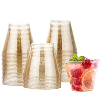 Imagen de MATANA 60 Vasos de Plástico Duro Transparente con Purpurina Dorada (270ml / 9oz) Resistentes y Reutilizables Bodas, Cumpleaños, Navidad, Fiestas