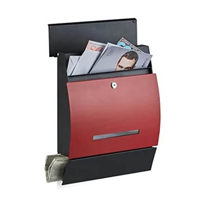 Imagen de Relaxdays Buzón Correos Exterior con Compartimento Periódico, De Pared, Acero, 1 Ud, 45 x 35 11 cm, Negro y Rojo