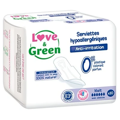 Imagen de Love &amp; Green Servilletas sanitarias, ecológicas e hipoalergénicas, certificadas Ecolabel y Dermatest, &quot;NOCH&quot; x 10: Sin colorantes, perfumes, alérgenos (paquete de 1)