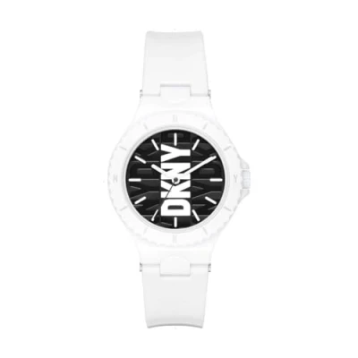 Imagen de DKNY Reloj para mujer Chambers, movimiento de cuarzo tres agujas, 36MM Caja nailon blanco con correa poliuretano, NY6657