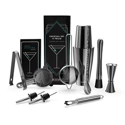 Imagen de Navaris Kit para Hacer cócteles Profesional Juego Completo de 11 Piezas coctelería Acero inoxidable con coctelera medidor Pinza Cuchara colador en Gris Oscuro