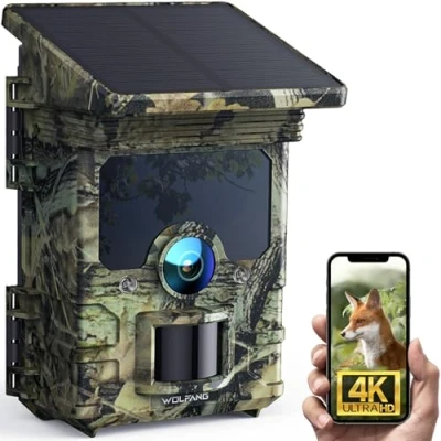 Imagen de WOLFANG Cámara de Caza Solar 4K 30fps 68MP, WiFi Bluetooth Camara Fototrampeo con Visión Nocturna, Disparo 0.1 s, Batería 5200 mAh, IP66 Impermeable, para Monitoreo Vida Silvestre