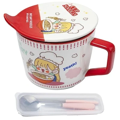 Imagen de lachineuse Cuenco de fideos instantáneos queso japonés y chinos con cubiertos tapa para desayuno, sopa, arroz Idea regalo asiático Japón China, Copa Noodles