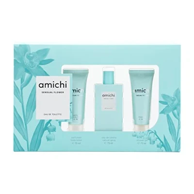 Imagen de AMICHI Sensual Flower, Estuche de Regalo Mujer, Colonia 75 ml + Gel Baño Loción Corporal ml, Eau Toilette Femenina, Aroma Frutal, Fragancia Fresca y Larga Duración