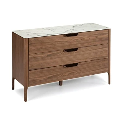 Imagen de Angel Cerdá Cómoda de Madera Nogal con Tapa Fibra Vidrio Efecto Mármol Calacatta Mueble Tres Cajones Soft Closing Moderna y Funcional para Dormitorio 120 x 45 80 cm