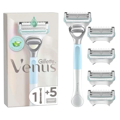 Imagen de Venus Gillette Maquinilla De Depilación Para Mujer Ingles y Zona Íntima, 1 Mango 5 Recambios Con Barra Hidratante Aloe Vera, Ayuda a Proteger La Piel Púbica Irritación