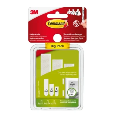 Imagen de Command Tiras Adhesivas Para Colgar Cuadros, 8 pares Grandes/6 Medianas/4 Pequeñas, Blancas Marcos, Espejos, Letreros, o Relojes de Pared Sin Agujeros y Taladrar