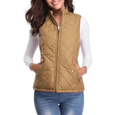 Imagen de fuinloth Chaleco Mujer Acolchado Invierno sin Mangas Chalecos Exteriores Abrigo Ligero con Cremallera ​con Bolsillos Camello M