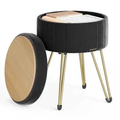 Imagen de SONGMICS Puff Almacenaje, Baul Banco Almacenaje Redondo, Taburete de Tocador Terciopelo, 39 x 44,4 cm, 4 Patas Metal, Asiento Acolchado, Negro Tinta LOM003B01