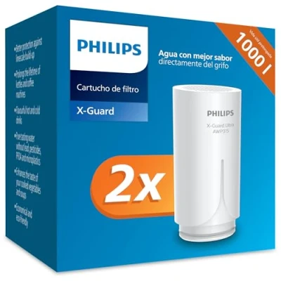 Imagen de Philips Filtro de agua para grifo AWP305P2/10, paquete doble, microfiltración X Guard que reduce hasta el 99% del cloro y sustancias deterioran sabor