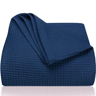 Imagen de LAYNENBURG Manta para sofá Verano 180 x 220 cm Waffle Pique 100% algodón cocha Ligera de como Cama, aireada (Azul)