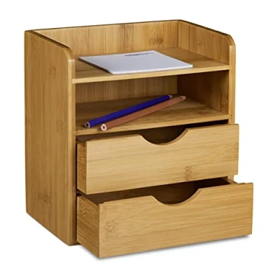 Imagen de Relaxdays Organizador de Escritorio Bambú con 2 Estantes Extraíbles y Caja Almacenamiento para Oficina, 19.5 x 13 21 cm