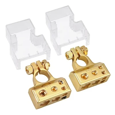 Imagen de AUTOUTLET 2PCS Terminales de Batería Coche 4/8 AWG Conectores Aleación Zinc Abrazadera Terminal Positivo Negativo +/ con Cubiertas Transparentes, Oro