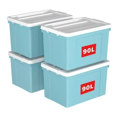 Imagen de Cetomo caja de almacenamiento plástico 90 x 4 pulgadas, mano, contenedor organizador con tapa duradera y hebillas cierre seguras, apilable apilable, paquete 4, azul hebilla